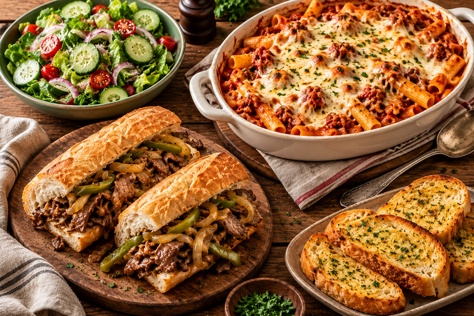 Catering spread with baked pasta, Italian beef sandwiches, fresh salad, and garlic bread